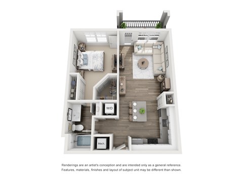 A white floor plan of a small apartment with a kitchen, living room, and bedroom.